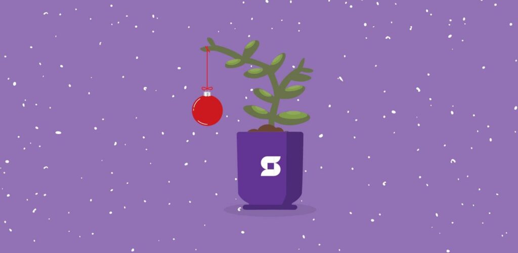 purple solution planter with small plant and red ornament