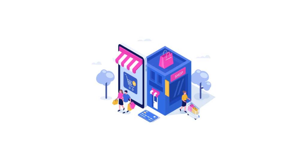 Graphic of a small brick and mortar shop with people pushing a cart and carrying bags as they walk outside of it