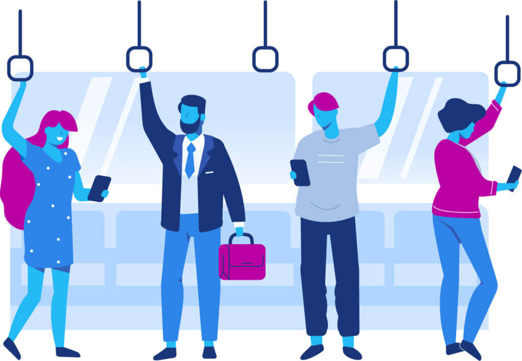 Solution Agency Basic's Of Inclusive Design Graphic with blue people standing holding onto handles on a bus