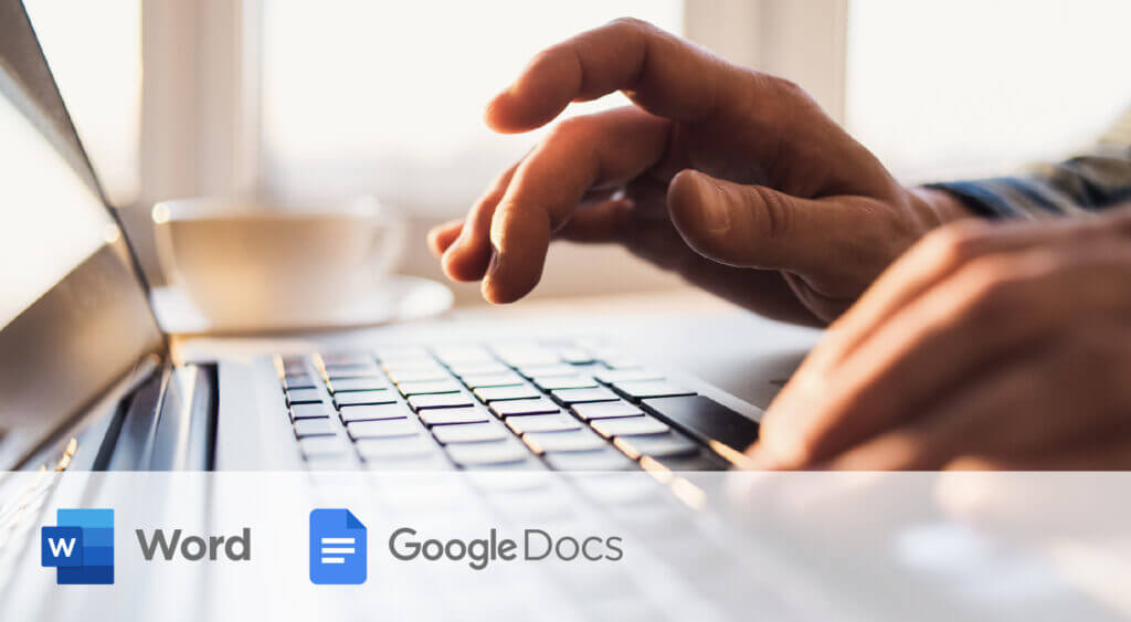 Image Of Someone Typing On a Computer With The Google Docs Logo & Microsoft Office Logo In The Bottom Corner