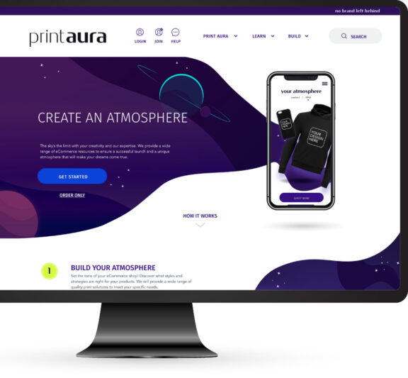 Graphic of a computer monitor screen with a printaura website open with purple and a=white background