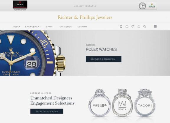 Richter & Phillips Jewelers website page with Rolex watch and engagement ring images