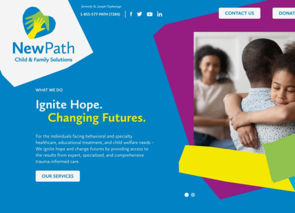 What We Do page for New Path Child & Family Solutions with image of young girl hugging man