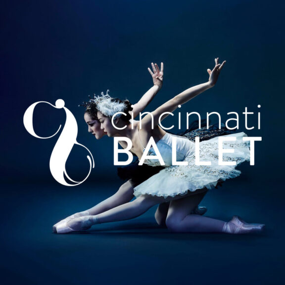 Image of ballet dancers on dark background with the Cincinnati Ballet logo in white font in the center