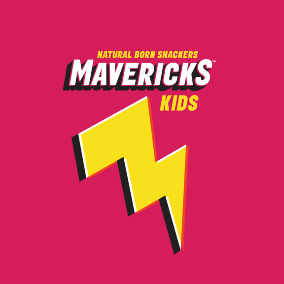 Mavericks Kids logo on a red background with a yellow lightning bolt