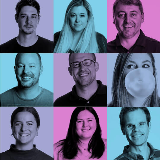 Photo collage of various men and women with pink, purple, and blue filters over each image