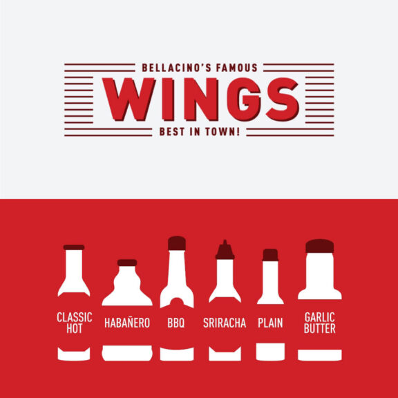 Half white and half red graphic for Bellacino's Famous Wings and images of various types and sizes of hot sauce bottles