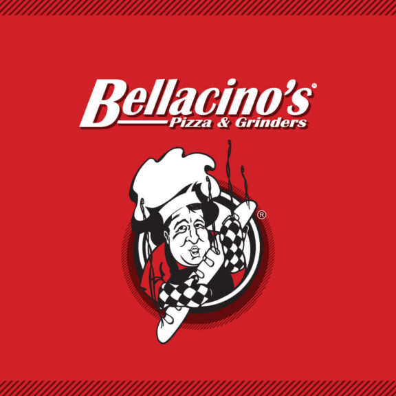 Red graphic with the Bellacino's Pizza & Grinders logo