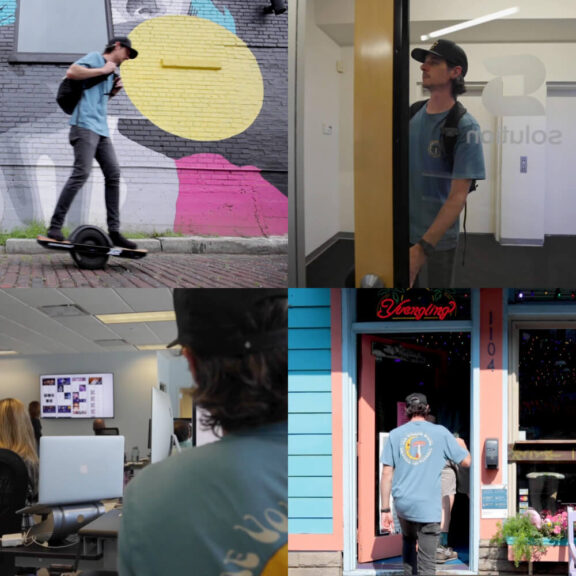 Photo collage of a man riding an electric skateboard, walking into an office, walking into a restaurant, and sitting at a desk during a presentation