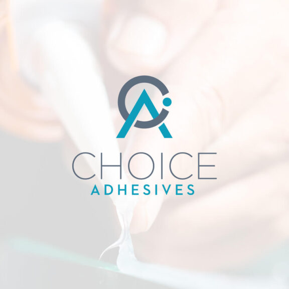 Graphic of a person's hand squeezing adhesive out of a tube with the Choice Adhesives logo in the middle