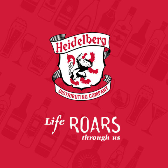 Red graphic with bottles of alcohol and the Heidelberg Distributing Company logo with text that says 
