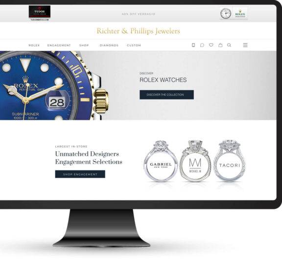Graphic of the Richter & Phillips website's watch page on a laptop