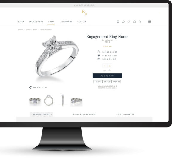 Graphic of the Richter & Phillips Jewelers shopping website with an engagement ring featured