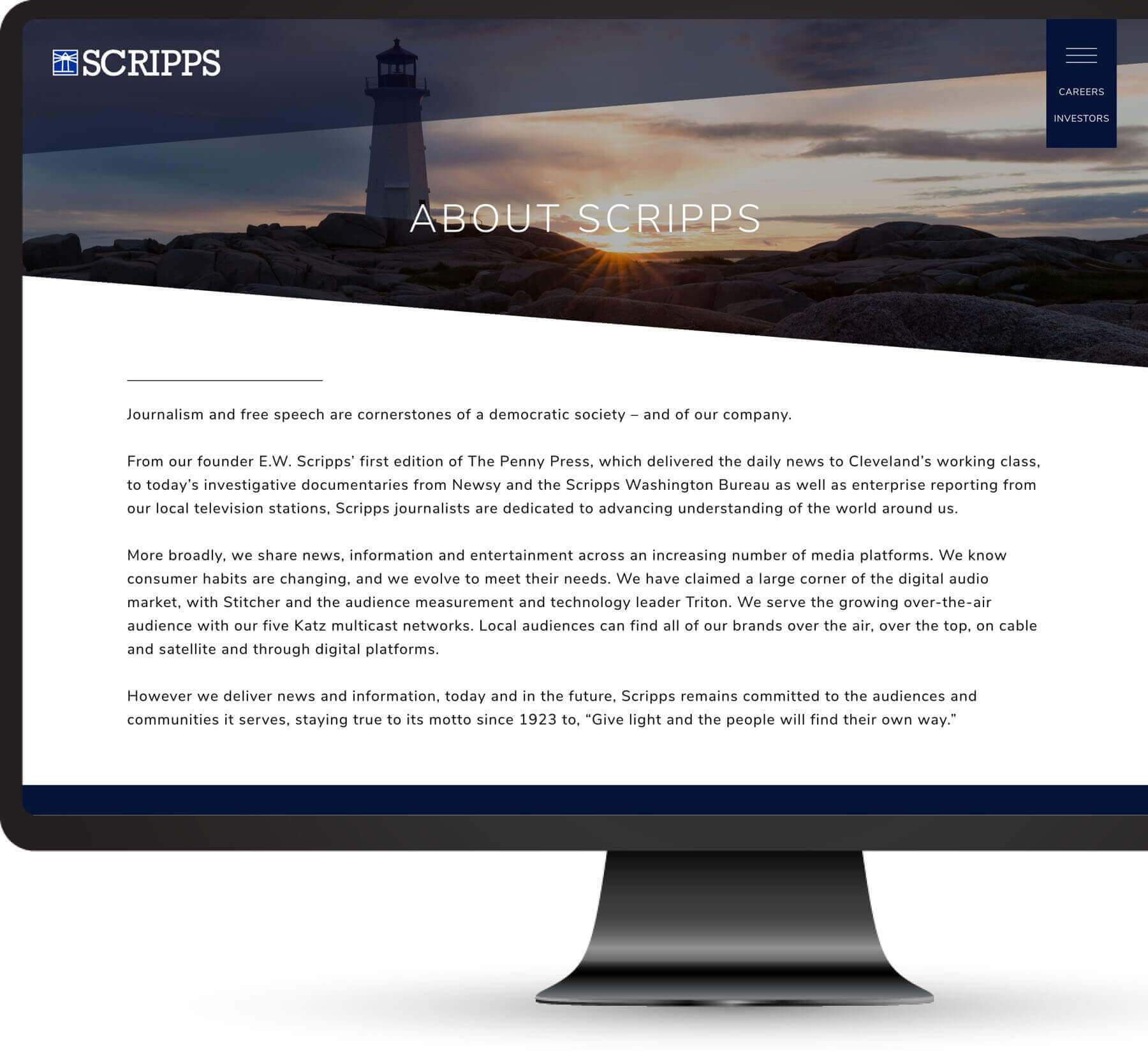 Graphic of a laptop screen with the Scripps website About page displayed