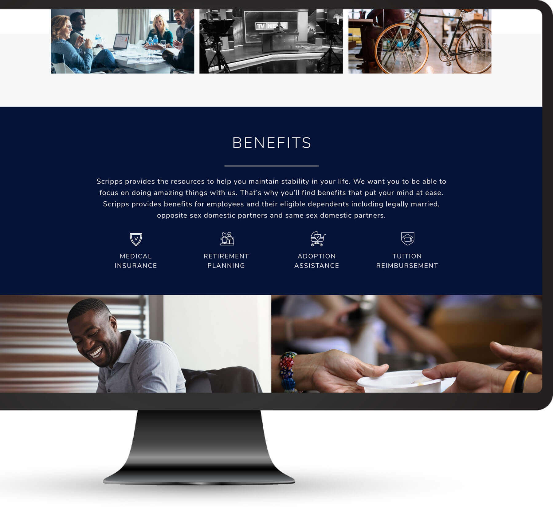 Graphic of a computer screen with a Benefits page of a website displayed
