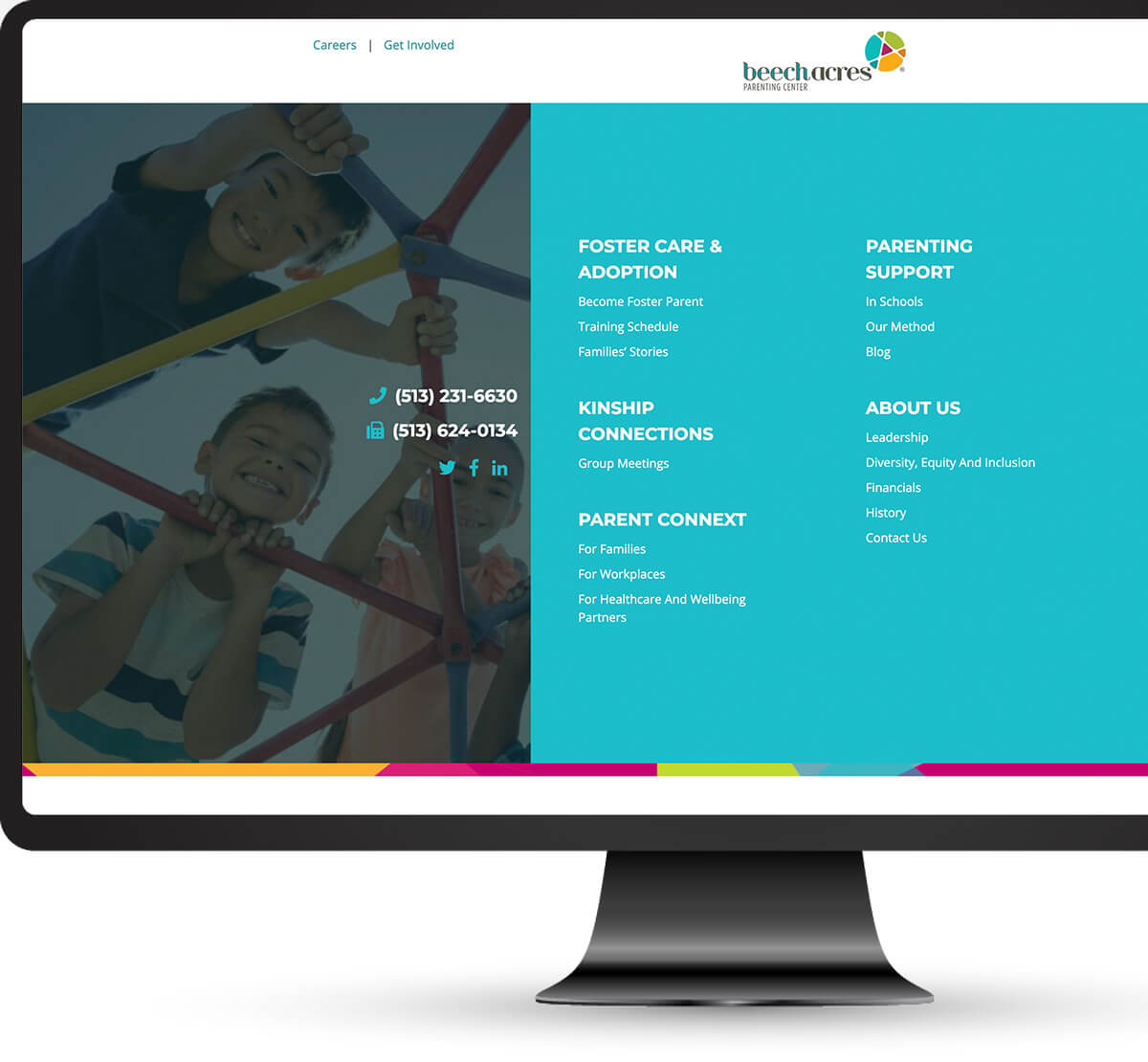 Graphic of a computer monitor with the beech acres parenting center website displayed on the screen