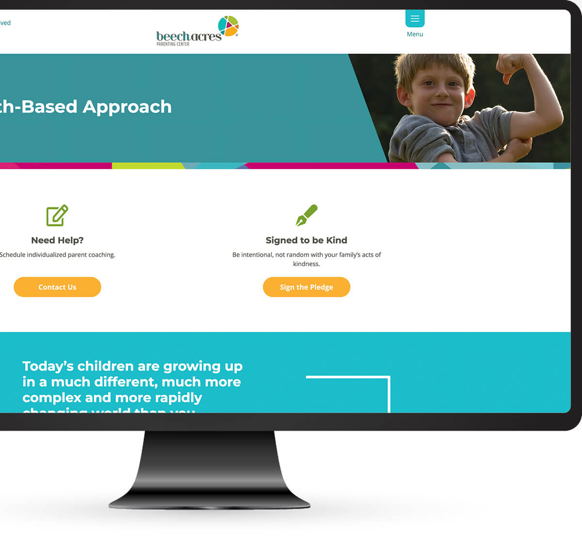 Graphic of a computer monitor with the beech acres parenting center website displayed on the screen
