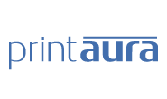 Dark navy blue printaura logo with a transparent background