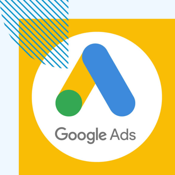 Yellow graphic with a white circle in the center that has the Google Ads logo in it