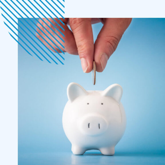 Image of fingers dropping a quarter in a white piggy bank with a blue background and a blue icon in the top left corner