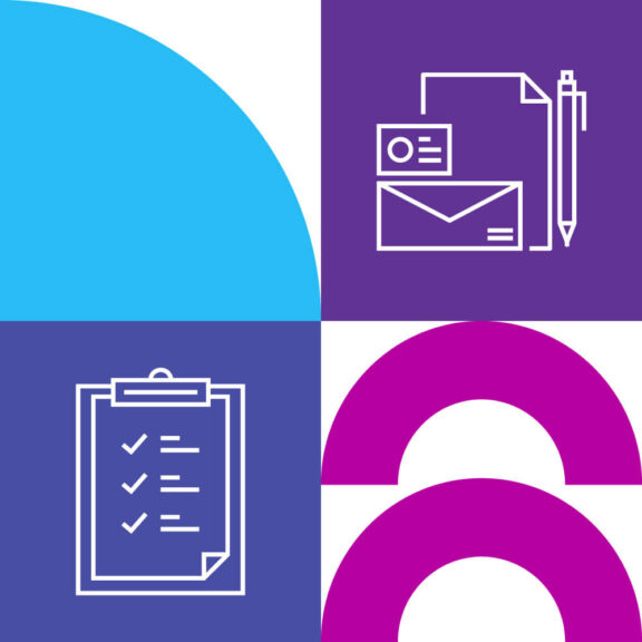 White graphic split into four equal sections with one section containing a blue semicircle, another part containing a purple icon of a clipboard, another section containing a purple icon of an envelope with a pencil and paper, and the last part containing two pink half circle shapes