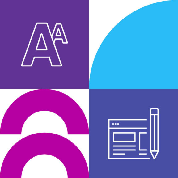 White graphic split into four equal sections with one section containing a blue semicircle, another part containing a purple icon of an email and clipboard, another section containing a purple icon with two white capital letter As, and the last part containing two pink half circle shapes