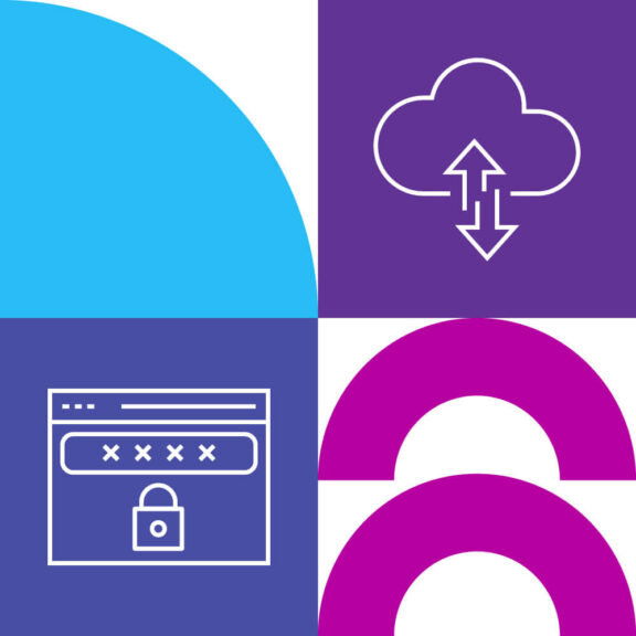 White graphic split into four equal sections with one section containing a blue semicircle, another part containing a purple icon of a cloud with two arrows, another section containing a purple icon of an encrypted email, and the last part containing two pink half circle shapes