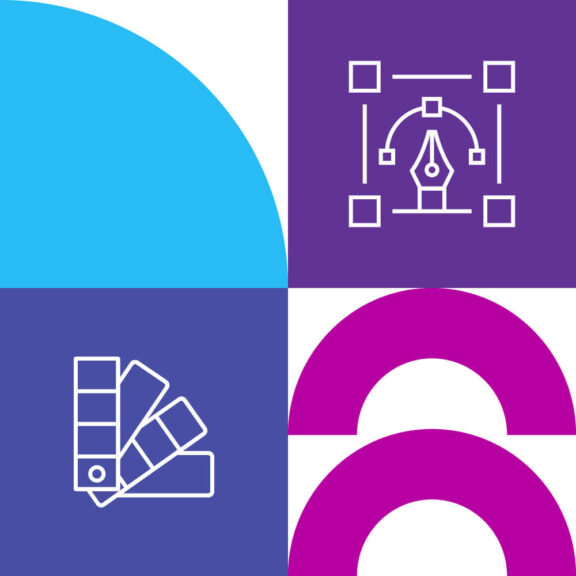White graphic split into four equal sections with one section containing a blue semicircle, another part containing a purple icon of an ink pen, another section containing a purple icon of color swatches, and the last part containing two pink half-circle shapes