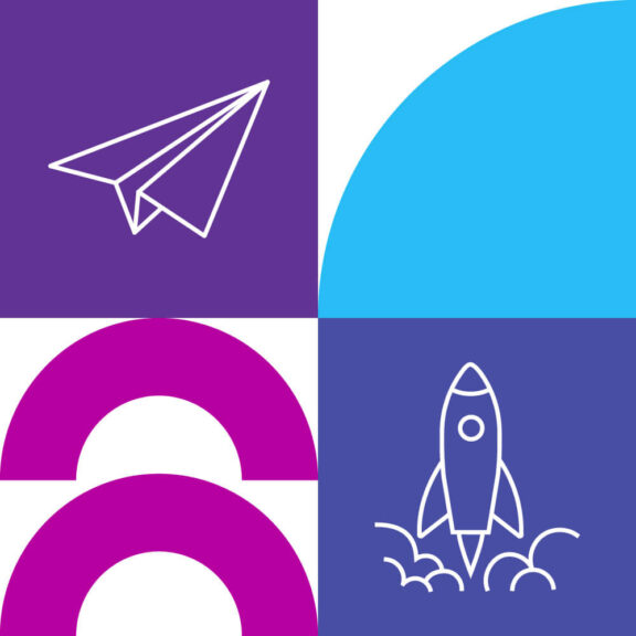 White graphic split into four equal sections with one section containing a blue semicircle, another part containing a purple icon of a paper airplane, another section containing a purple icon of a rocket, and the last part containing two pink half circle shapes