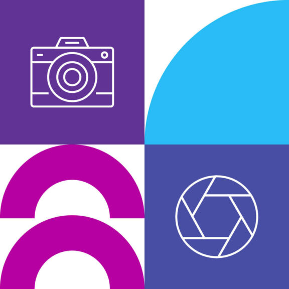 White graphic split into four equal sections with one section containing a blue semicircle, another part containing a purple icon of a lens, another section containing a purple icon of a camera, and the last part containing two pink half-circle shapes