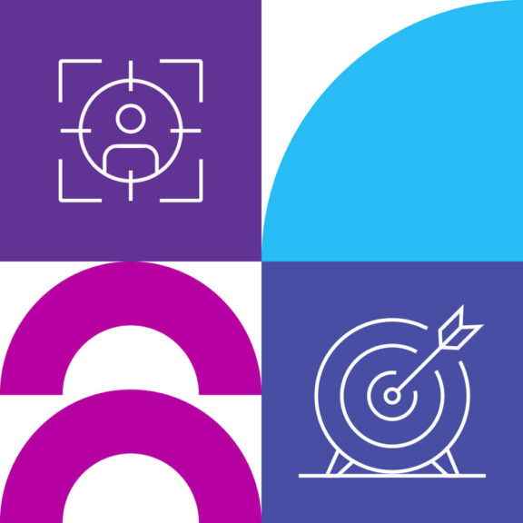 White graphic split into four equal sections with one section containing a blue semicircle, another part containing a purple icon of a bullseye target with an arrow in the center, another section containing a purple icon of a person with a target around them, and the last part containing two pink half circle shapes