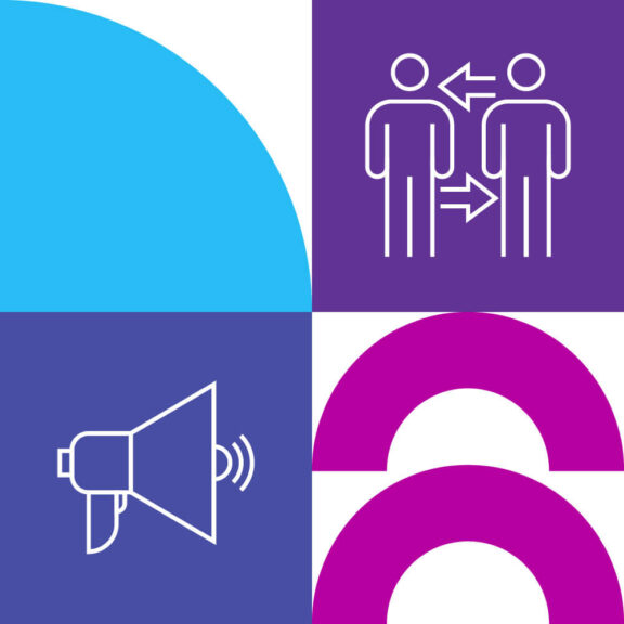 White graphic split into four equal sections with one section containing a blue semicircle, another part containing a purple icon of two people, another section containing a purple icon of a megaphone, and the last part containing two pink half-circle shapes