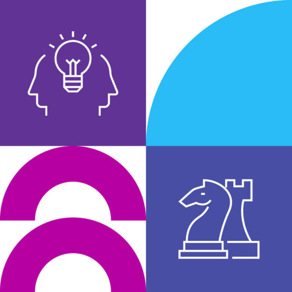 White graphic split into four equal sections with one section containing a blue semicircle, another part containing a purple icon of two faces facing opposite directions with a lightbulb in the center, another section containing a purple icon of two chess pieces, and the last part containing two pink half circle shapes