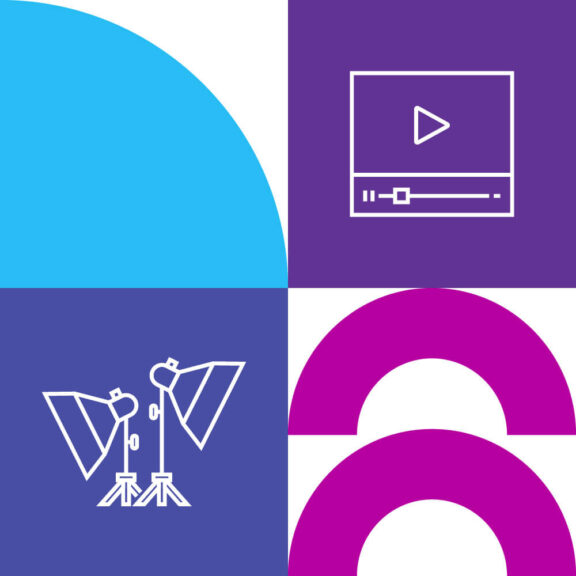 White graphic split into four equal sections with one section containing a blue semicircle, another part containing a purple icon of a paused video screen, another section containing a purple icon of two studio lights, and the last part containing two pink half-circle shapes