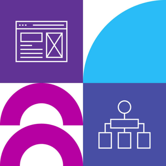 White graphic split into four equal sections with one section containing a blue semicircle, another part containing a purple icon of a website page, another section containing a purple icon of a hierarchy chart, and the last part containing two pink half-circle shapes
