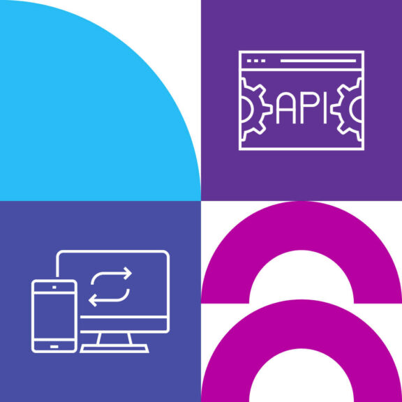 White graphic split into four equal sections with one section containing a blue semicircle, another section containing a dark blue icon of a smartphone and computer monitor, another section containing a purple icon of a webpage that says API, and the last section containing two pink half circle shapes
