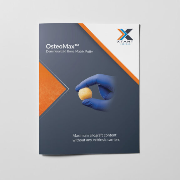 White, black, and orange informational booklet for Xtant Medical showing a gloved hand holding a round ball of demineralized bone matrix putty