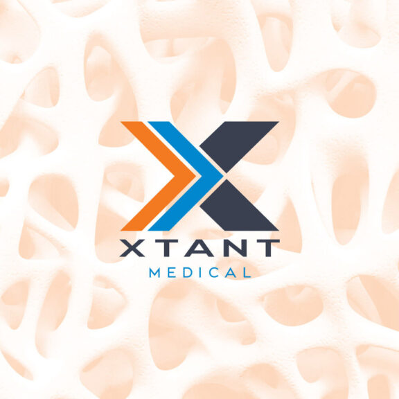 White and orange graphic with the black, orange, and blue Xtant Medical logo in the center