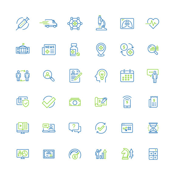 White graphic with six rows of various icons related to the medical field, money, texting, and more