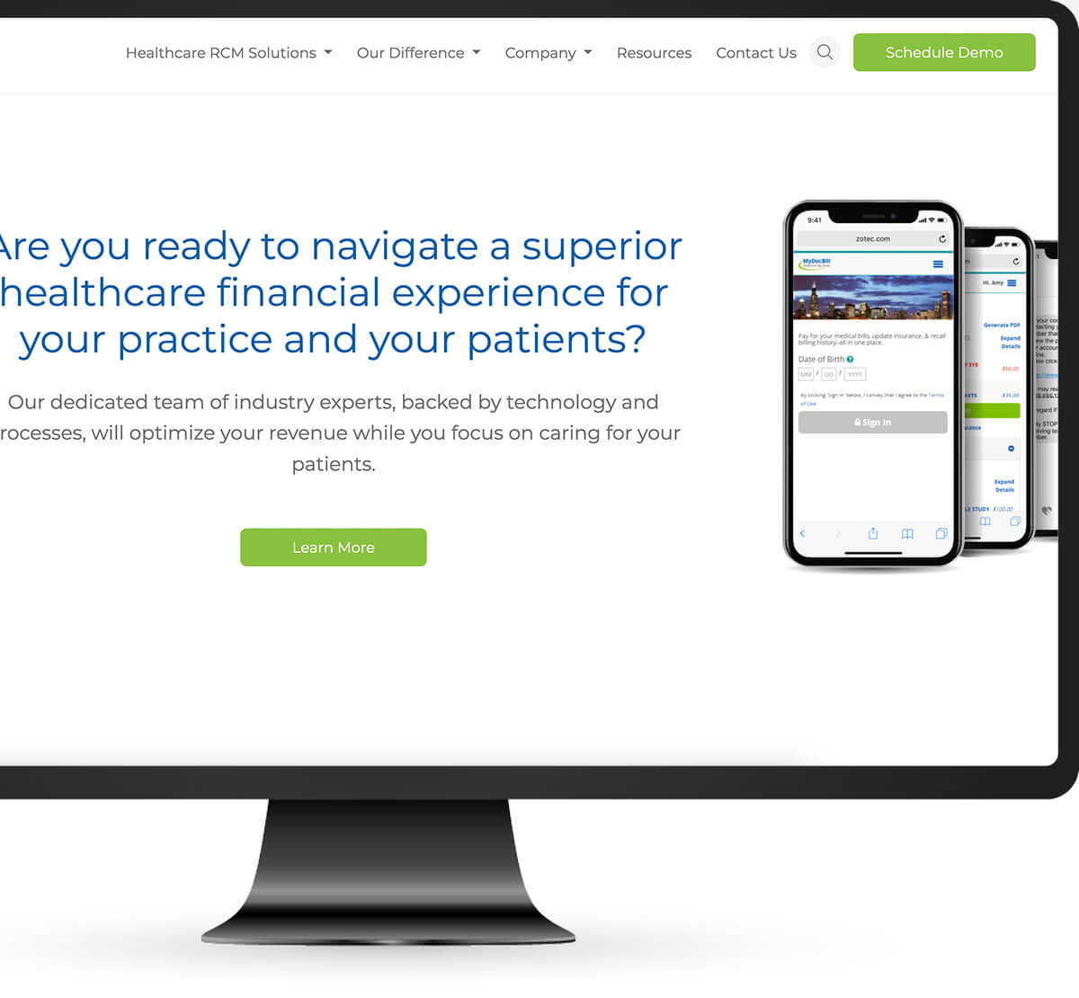 Graphic with a desktop computer monitor displaying the Zotec Partners website