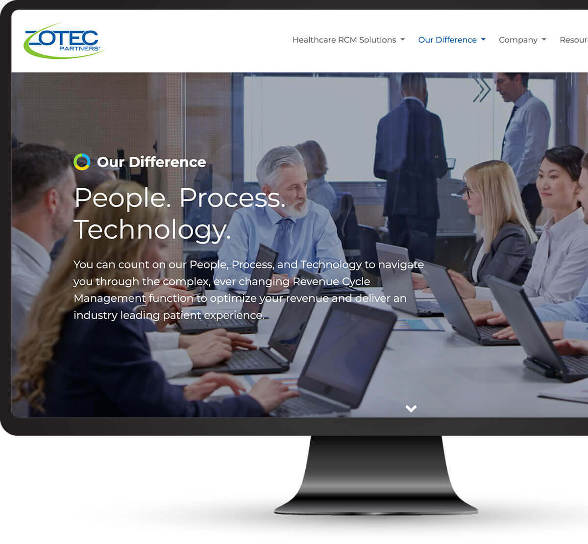 Graphic with a desktop computer monitor displaying the "Our Difference" page of the Zotec Partners website