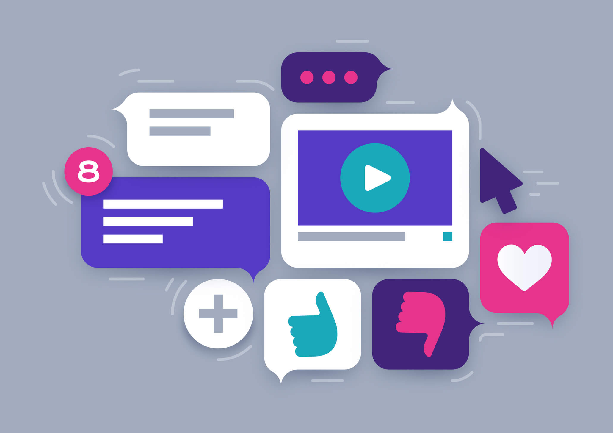 Grey graphic with colorful pink, turquoise, white, and purple icons representing social media engagement buttons and text boxes