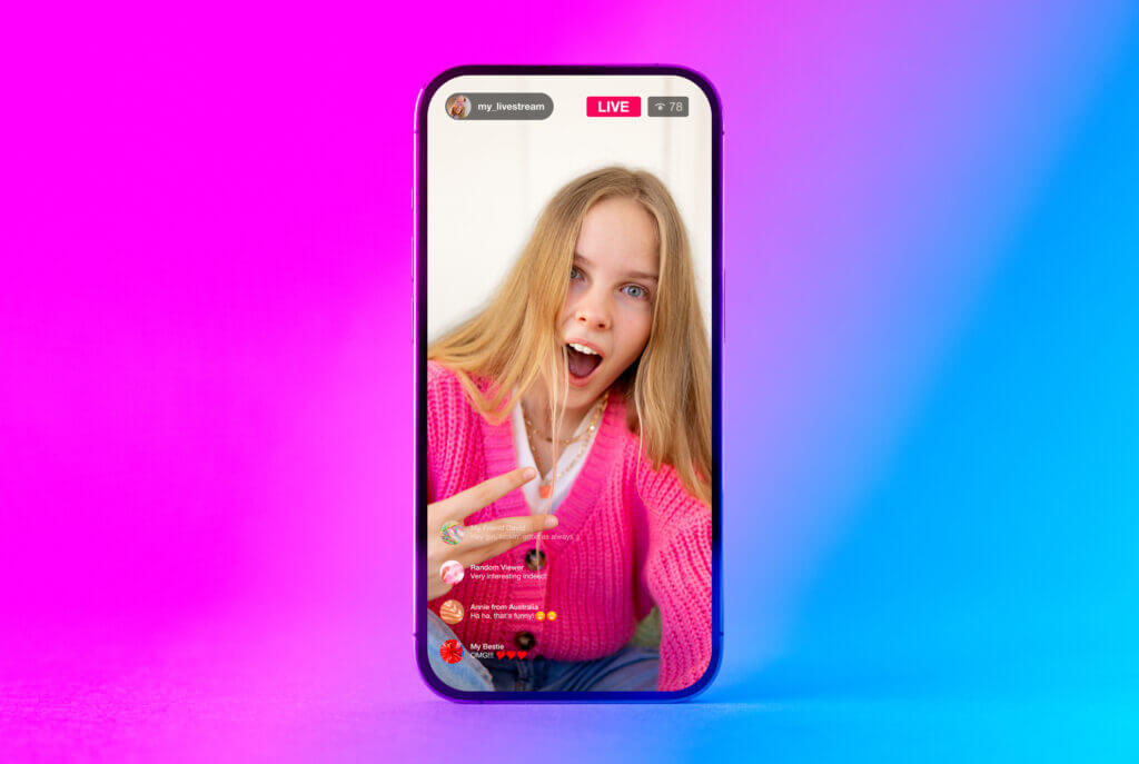 Pink and blue graphic with an image of a black phone showing a live TikTok video
