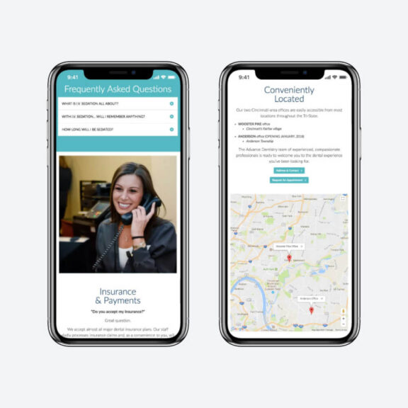 Two iPhones beside each other with one displaying a map and another displaying an FAQ website page with a photo of a woman on the phone