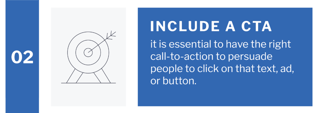 White and indigo colored graphic with an icon of an arrow hitting a target with text that says "Include a CTA - it is essential to have the right call-to-action..."