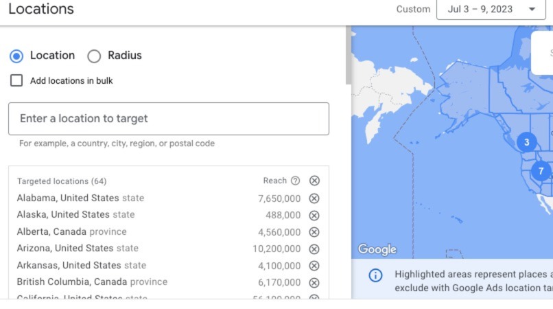 Screenshot example of the Google Ads platform location targeting tab