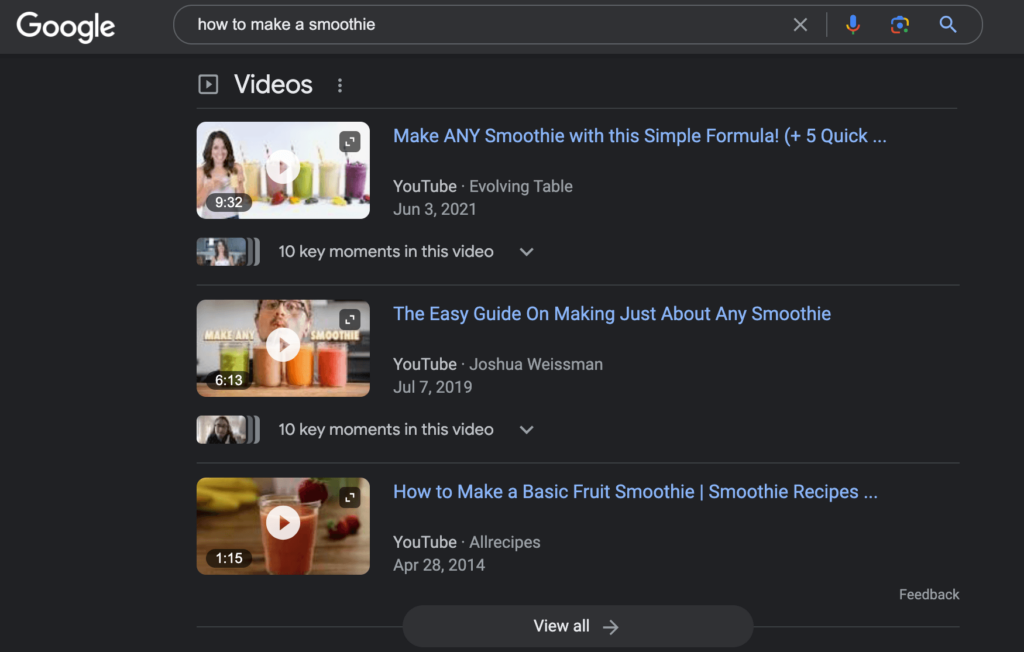 Screenshot of a Google search results page showing video links for how to make a smoothie