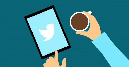 Dark green graphic with an illustration of a man holding a coffee in his right hand and clicking on Twitter on an iPad with his left hand