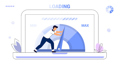 White graphic with an illustration of a laptop representing website load speed with a person pushing the measurement needle forward to max speed