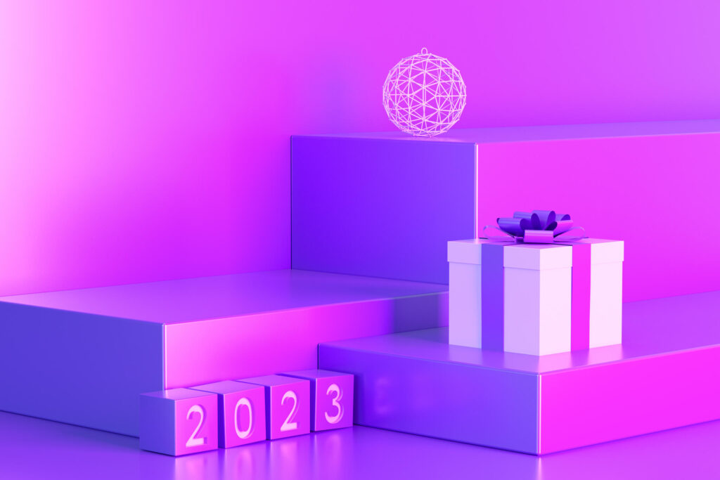 3D rendering of a purple 2023 holiday background with various sized podiums with a white Christmas present with purple ribbon